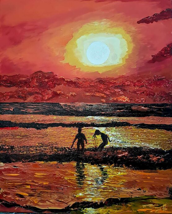 ELI GROSS | The sky and sea light up in scarlet, crimson red and gold. Original Art. Acrylic on Canvas. 40x50 cm. Signed.