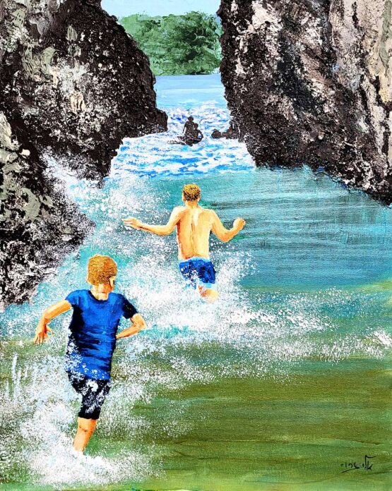 ELI GROSS | The sea plays with children, and pale gleams the smile of the sea-beach Original Art. Acrylic on Canvas. 40x50 cm. Signed.