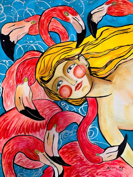 KRISTINA TRUBITSINA | Flamingo girl Original Art. Watercolor on paper. 2013. 76x56 cm. Signed.  