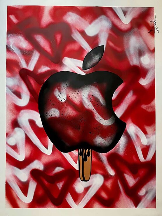 DUDI | ICE APPLE CREAM, RED HEARTS Original Art. Spray Paint on Paper. 56 x 76 cm. Signed.