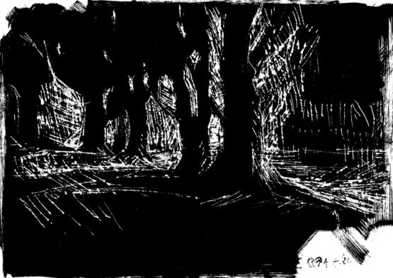 ALFRED FREDDY KRUPA - Behind the tree line. Original Art. Ink sgraffito/grattage, 35X50 cm, 2021. Signed.