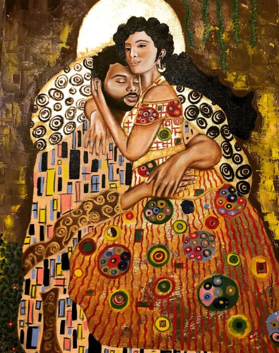 LENA SILVA | THE EMBRACE BEFORE THE KISS Original Art. Mediums: Stretched Canvas, 100% cotton, primed with acid-free gesso. Winsor & Newton Oils. GOLD leaf. Winsor & Newton Oils Gloss Varnish. 46cm x 61cm. Also available in a GICLEE German Paper prints. 