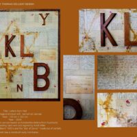 Thomas Dellert-Bergh | Letters from Hell, 2000 Original Art. Collage and painting on canvas, With letters from Auschwitz and hand-carved wood letters from 1930s Krakow. The wood letters spell out Zyklon-B. Also includes an original Christmas card greeting signed by Adolf Hitler and the Star of David created by vintage varnish. 122 x 122 cm. Signed.