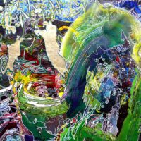 ALIENS DISCUSS THE FUTURE OF THE EARTH. 2023. (Detail) Original Art. Painting, Acrylic on canvas. 152 x 178 cm. Signed.