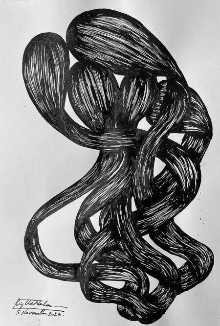 Brigitte NaHoN | November 5, 2023 Original Art. Made on the 30th day of the war, Israel/Hamas. Permanent black ink on paper. 34 x 25 cm. Unframed. Signed.
