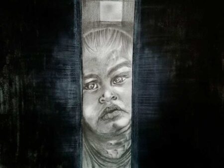 George Anastasiadis | "...I'm not alive...but I'm not dead either...", 2022 Original Art. Graphite pencils 5B, 6B, 7B Faber Castell, white charcoal, and Winsor & Newton ink on Fabriano paper. 50 x 35 cm. Signed. 'The question is simple: What scares this child's soul the most?" -George Anastasiadis