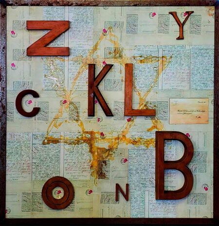 Thomas Dellert-Bergh | Letters from Hell, 2000 Original Art. Collage and painting on canvas, With letters from Auschwitz and hand-carved wood letters from 1930s Krakow. The wood letters spell out Zyklon-B. Also includes an original Christmas card greeting signed by Adolf Hitler and the Star of David created by vintage varnish. 122 x 122 cm. Signed.