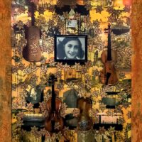 Thomas Dellert-Bergh | My Sister Anne ( Anne Frank ). 2021 Original Art. Mixed media on canvas. Collage with paper and broken violins and painting in a hand-built wood frame. Framed Photograph of Anne Frank. 184 x 150 cm. Signed.