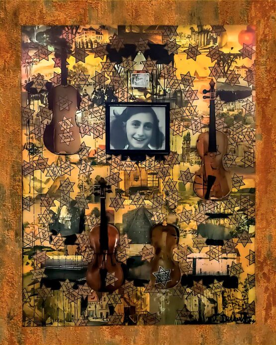 Thomas Dellert-Bergh | My Sister Anne ( Anne Frank ). 2021 Original Art. Mixed media on canvas. Collage with paper and broken violins and painting in a hand-built wood frame. Framed Photograph of Anne Frank. 184 x 150 cm. Signed.