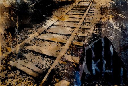 Thomas Dellert-Bergh | The Silent Railroad Tracks. 1980 Original Art. Hand-printed silkscreen on Murillo art paper with cloth Based on a photograph taken at Auschwitz Birkenau. 70 x 100 cm. Signed.