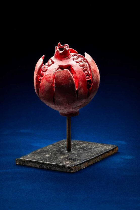 Avishai Greis | Pomegranate Bronze Sculpture.  2020 Hand-made bronze sculpture using lost wax techniques. Unique Casting. Mounted to iron base plate. All recycled materials. Dimensions Height 6.5” x Width 4” x Depth 4” | 10.16 W x 16.51 H x 10.16 L cm. Weight 7lbs 6oz